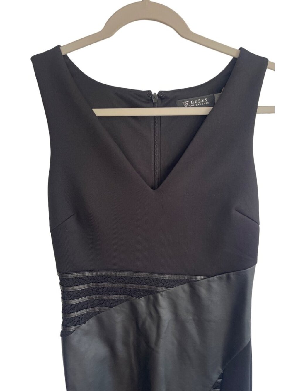 GUESS Black Faux Leather V-Neck Bodycon Dress Size 2 Stretch Mini Party Dress - Picture 5 of 12